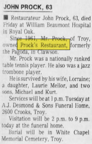 The Pagoda Restaurant & Cocktail Lounge (Procks) - Jul 6 1987 Obituary For John Prock (newer photo)